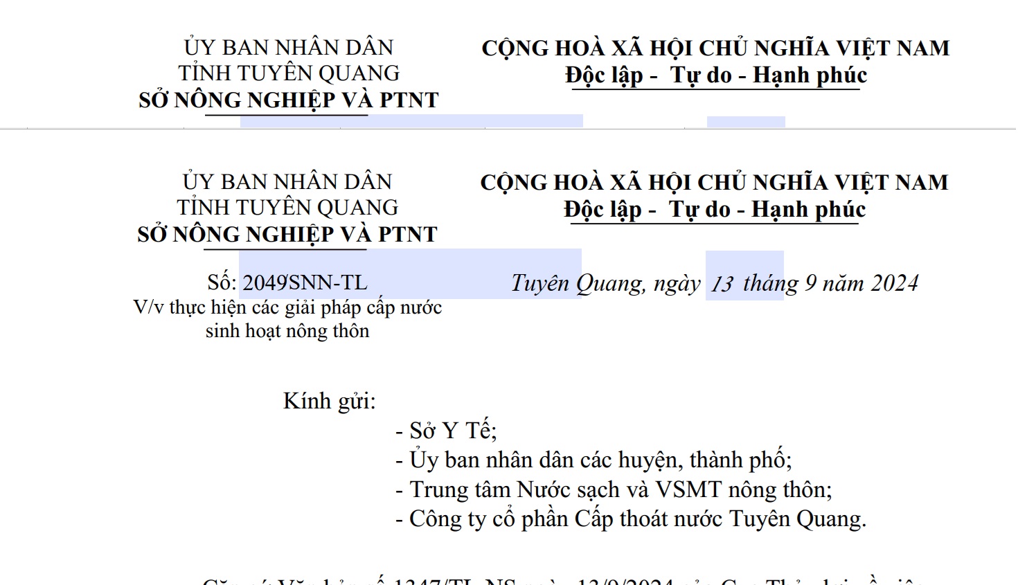 Văn bản số 2049/SNN-TL ngày 17/9/2024 về việc thực hiện các giải pháp cấp nước sinh hoạt nông thôn