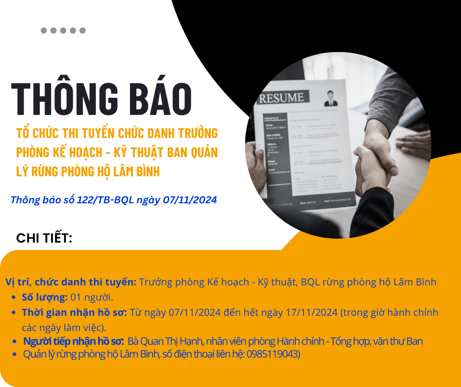 Thông báo Tổ chức thi tuyển chức danh Trưởng phòng Kế hoạch - Kỹ thuật Ban Quản lý rừng phòng hộ Lâm Bình