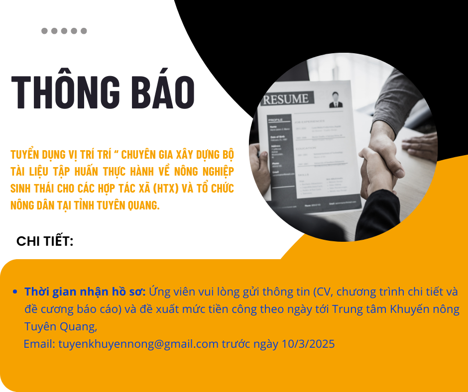 Thông tin tuyển dụng vị trí "Xây dựng bộ tài liệu tập huấn thực hành về nông nghiệp sinh thái cho các hợp tác xã (HTX) và tổ chức nông dân tại tỉnh Tuyên Quang"
